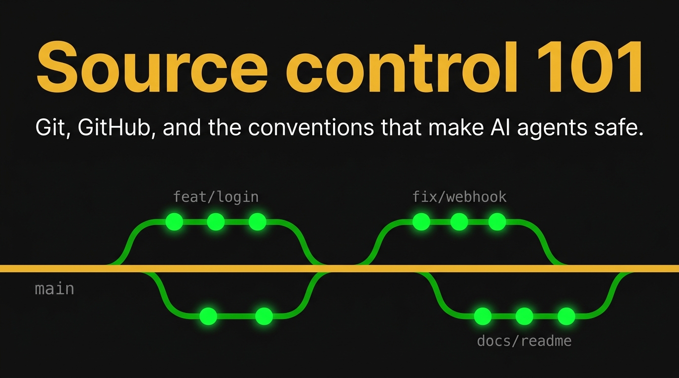 Source control 101 cover – Git branch diagram on charcoal