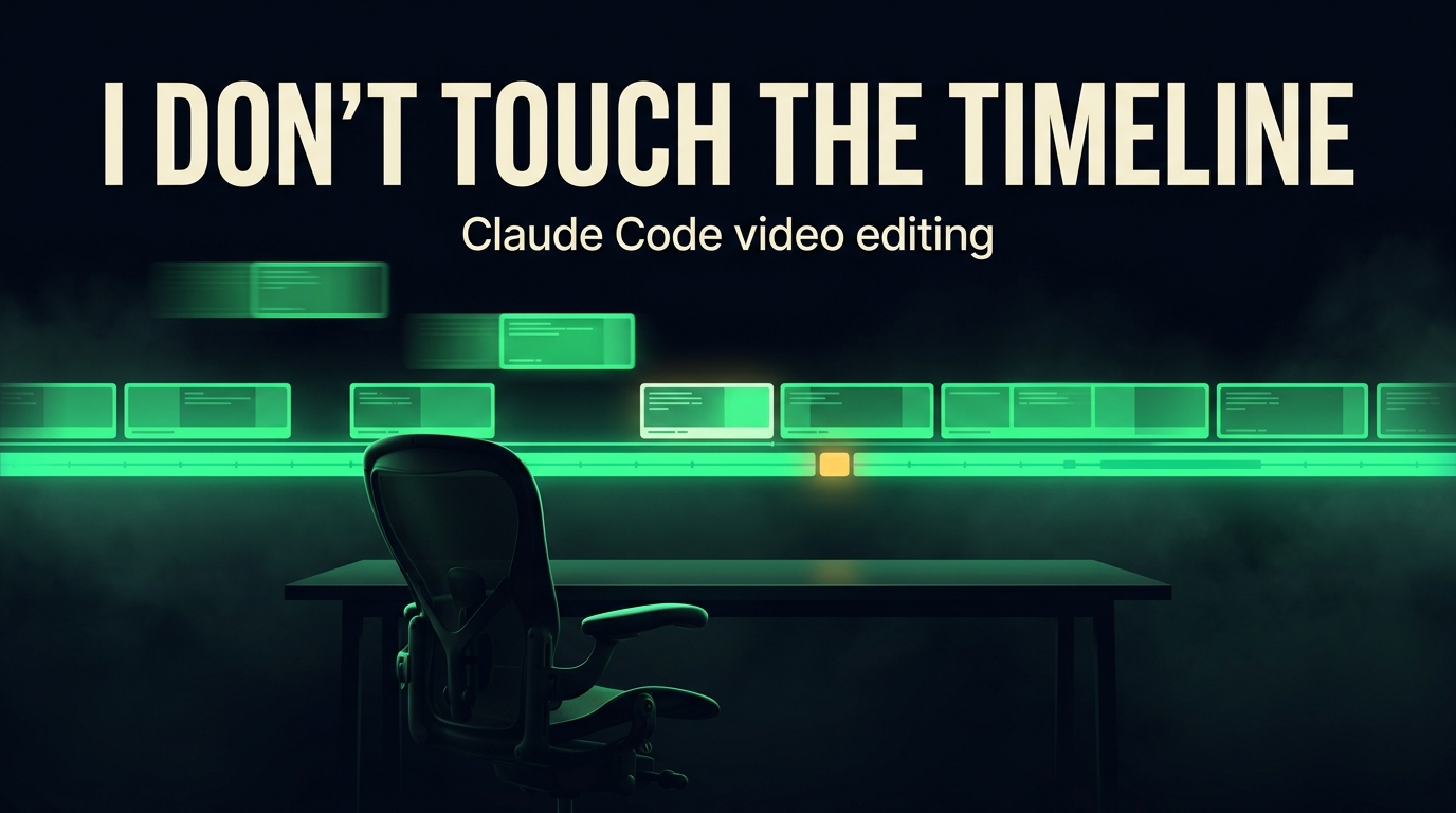 Claude Code video editing – an empty editor's chair in front of a timeline assembling itself