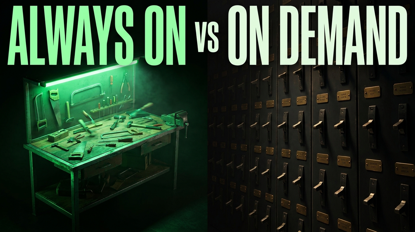 Superpowers vs Compound Engineering – a lit workbench beside a wall of unlit switches